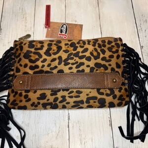 Justin Boots Womens Leather Fringed Leopard Clutch Crossbody Brown Black Red NWT